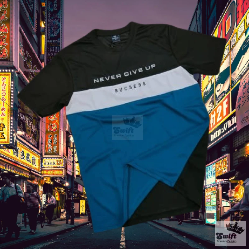 "Never Give Up Motivational T-Shirt – Blue & Black Sportswear"