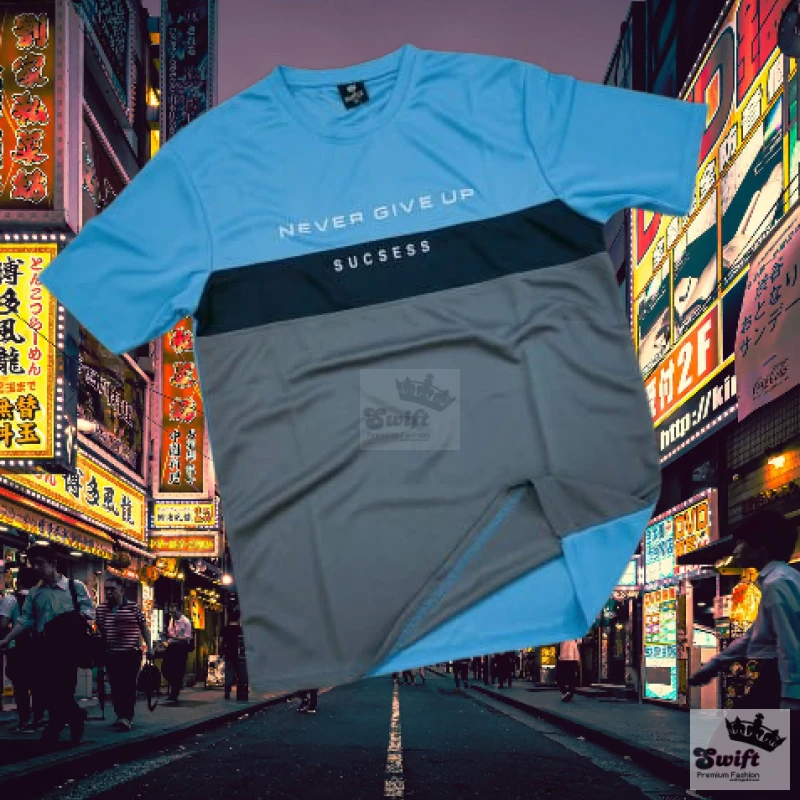 "Never Give Up Motivational T-Shirt – Blue & Black Sportswear"